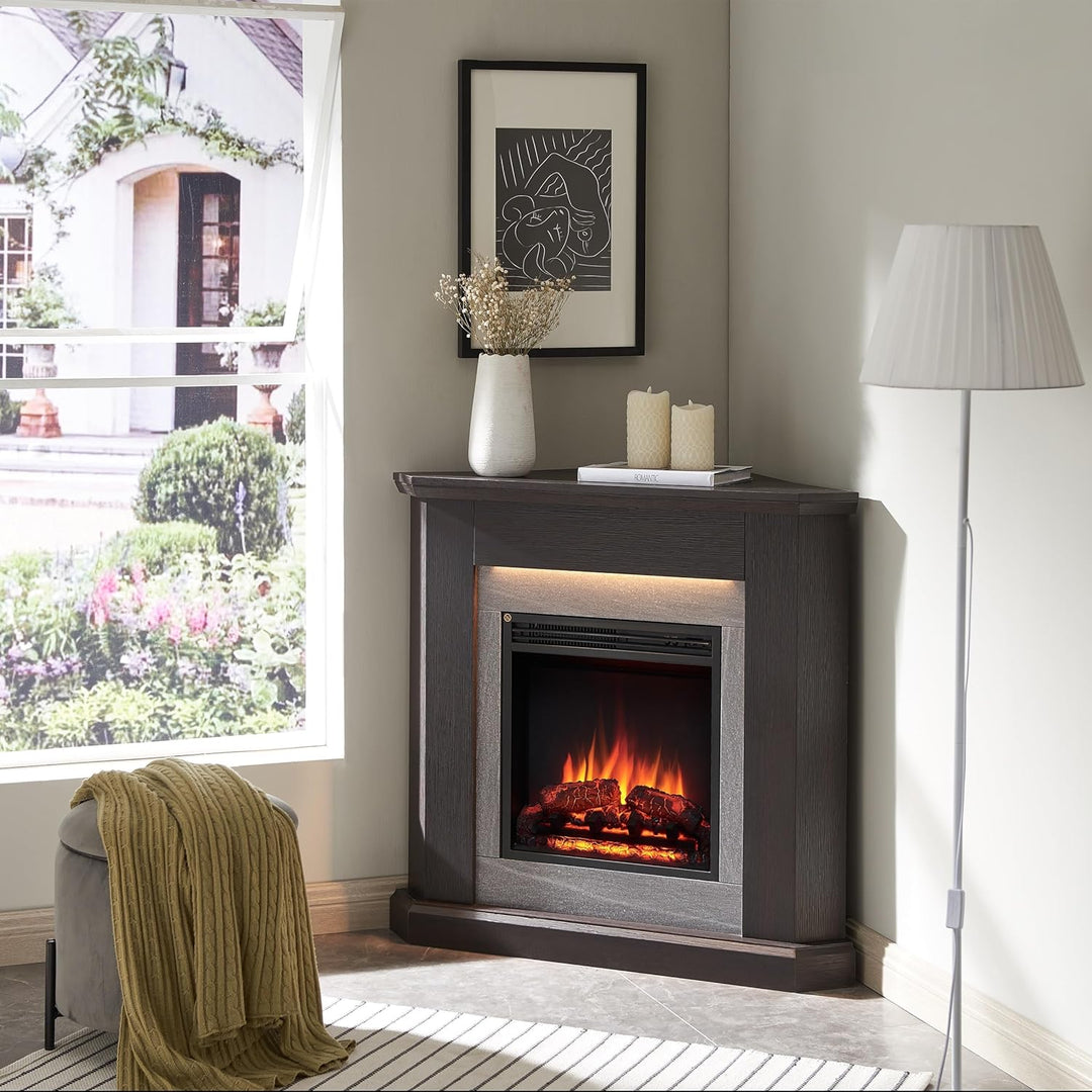 CrownFlame Pegasos Elektrokamin - Elektrischer Eckkamin mit Heizung 1000/2000 W, realistischer 3D-Fl