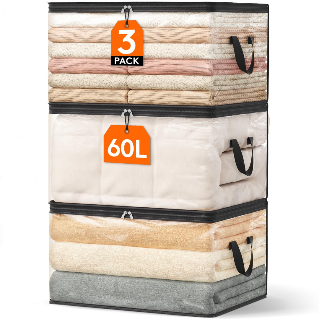 Lifewit 3er Pack Transparente Plastik Aufbewahrungstasche, 60L Kleiderschrank Organizer Aufbewahrung