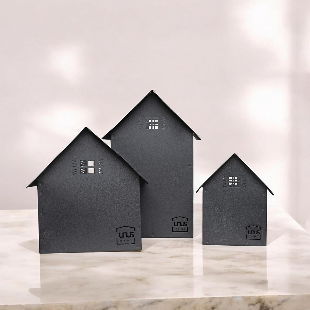 UNUS Deko Häuser 3er Set, Lichthäuser aus Metall in schwarz, Herbstdeko Outdoor, Weihnachtsdorf mit