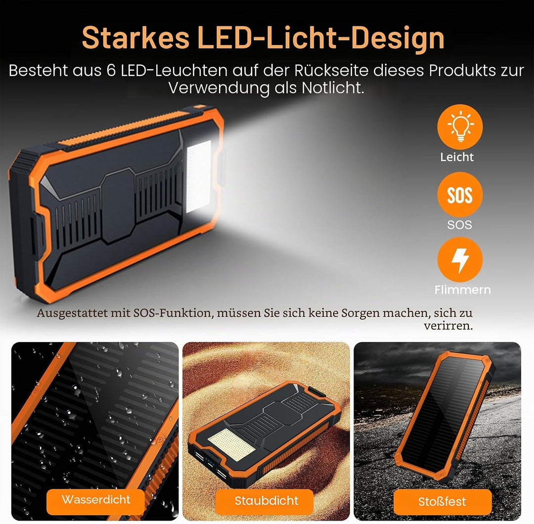 Ruiqas 20.000 mAh Solar-Powerbank, tragbares Camping-Solar-Ladegerät, Akku mit Zwei USB-Anschlüssen