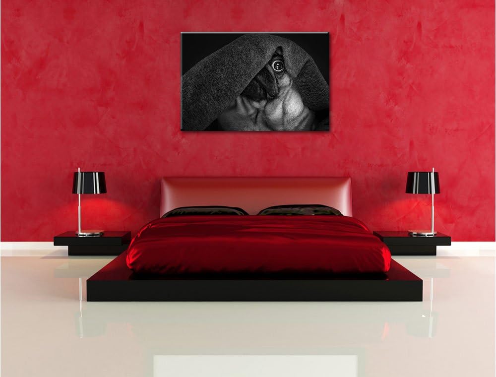 Pixxprint Mops Decke / 100x70cm Leinwandbild bespannt auf Holzrahmen/Wandbild Kunstdruck Dekoration,