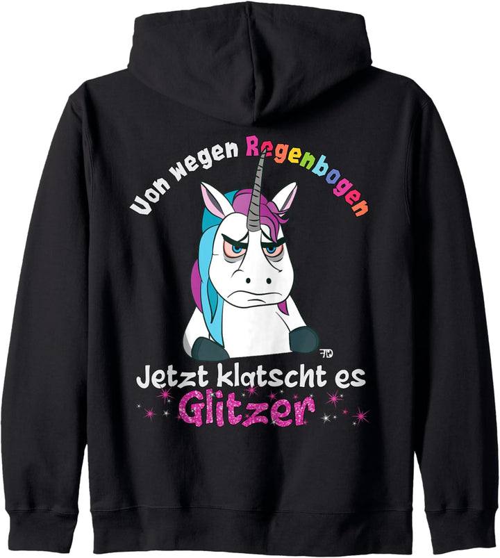 Grimmiges Comic Einhorn klatscht Glitzer lustiges Regenbogen Kapuzenjacke
