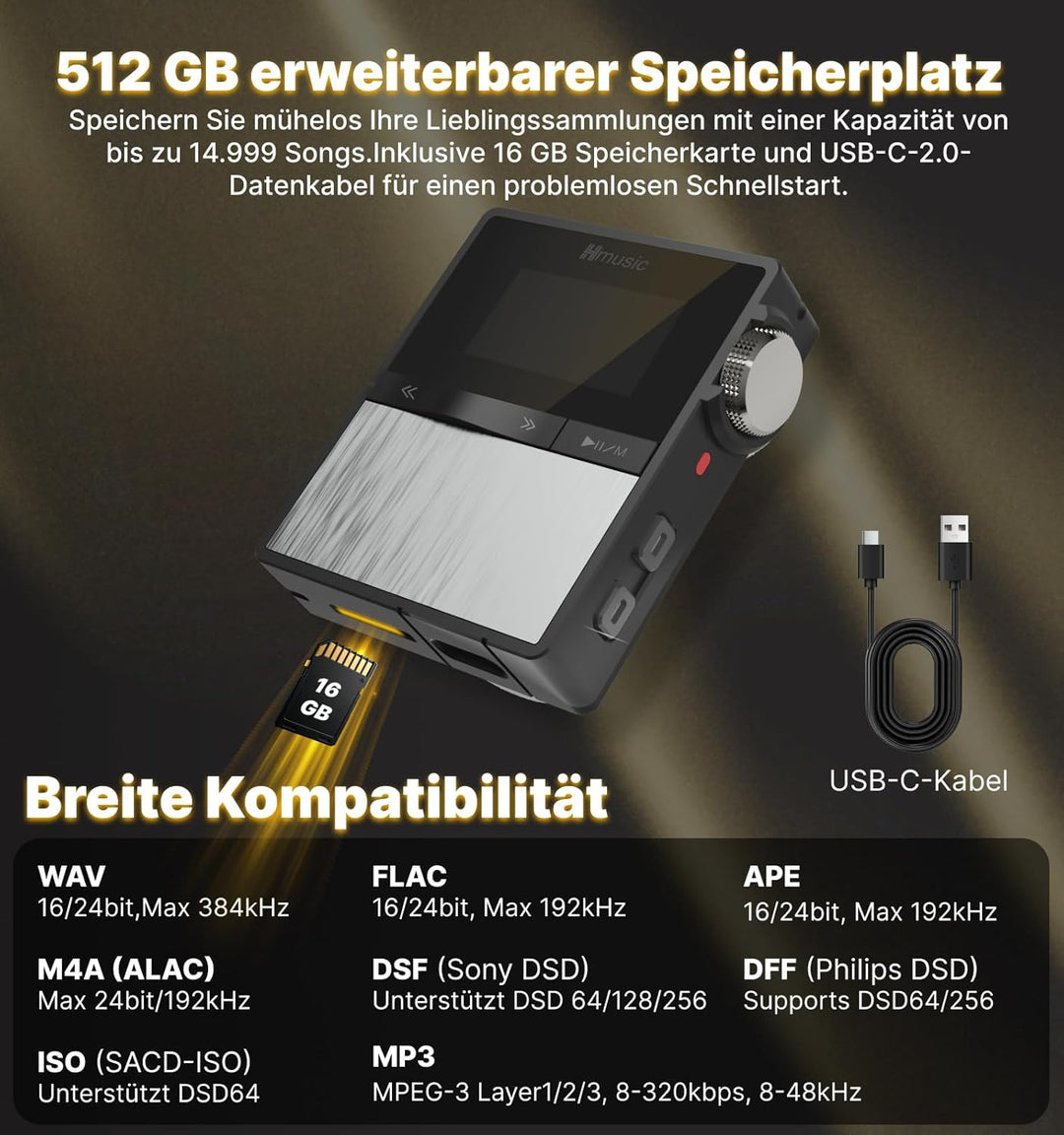 Hmusic P68 HiFi-MP3-Player mit Clip, verlustfreier DSD-Musik-Player mit hoher Auflösung, Bluetooth,