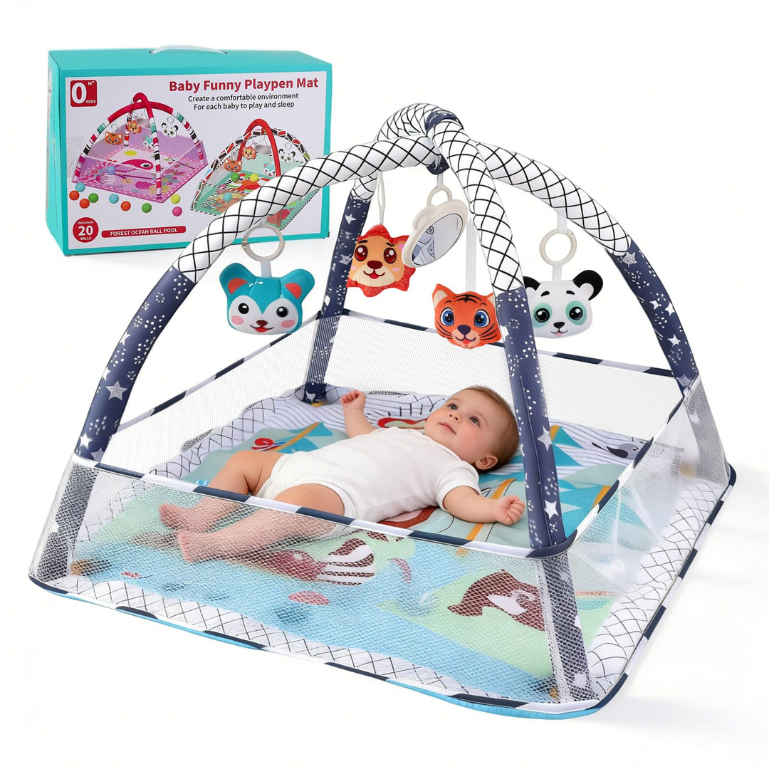 Baby-Spielmatte & Activity-Center mit integriertem Schutzrand, Spielzeug, Spiegel und Bällen – Boden