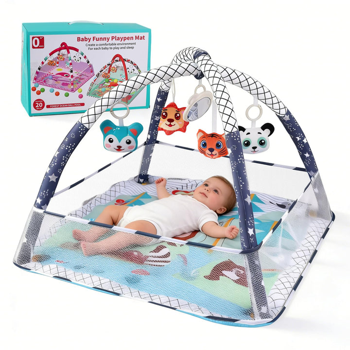Baby-Spielmatte & Activity-Center mit integriertem Schutzrand, Spielzeug, Spiegel und Bällen – Boden