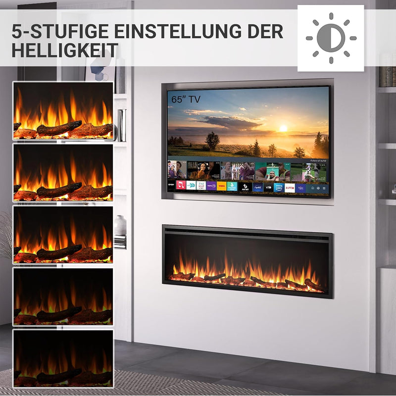 CrownFlame Atalanta 60" Elektrokamin - Elektrischer Einbaukamin mit Heizung 1000/2000 W, realistisch