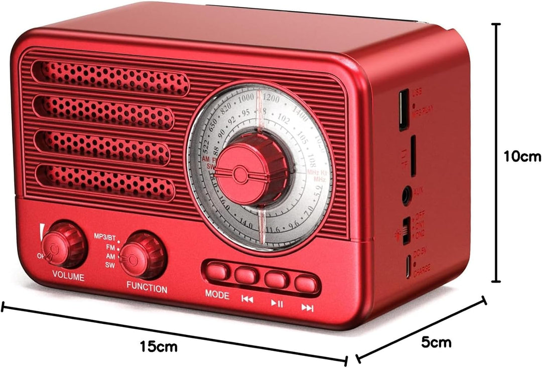 Retro Transistor Radio, Battery Operated AM FM SW Radio, Small Rechargeable Portable with 1800mAh Li