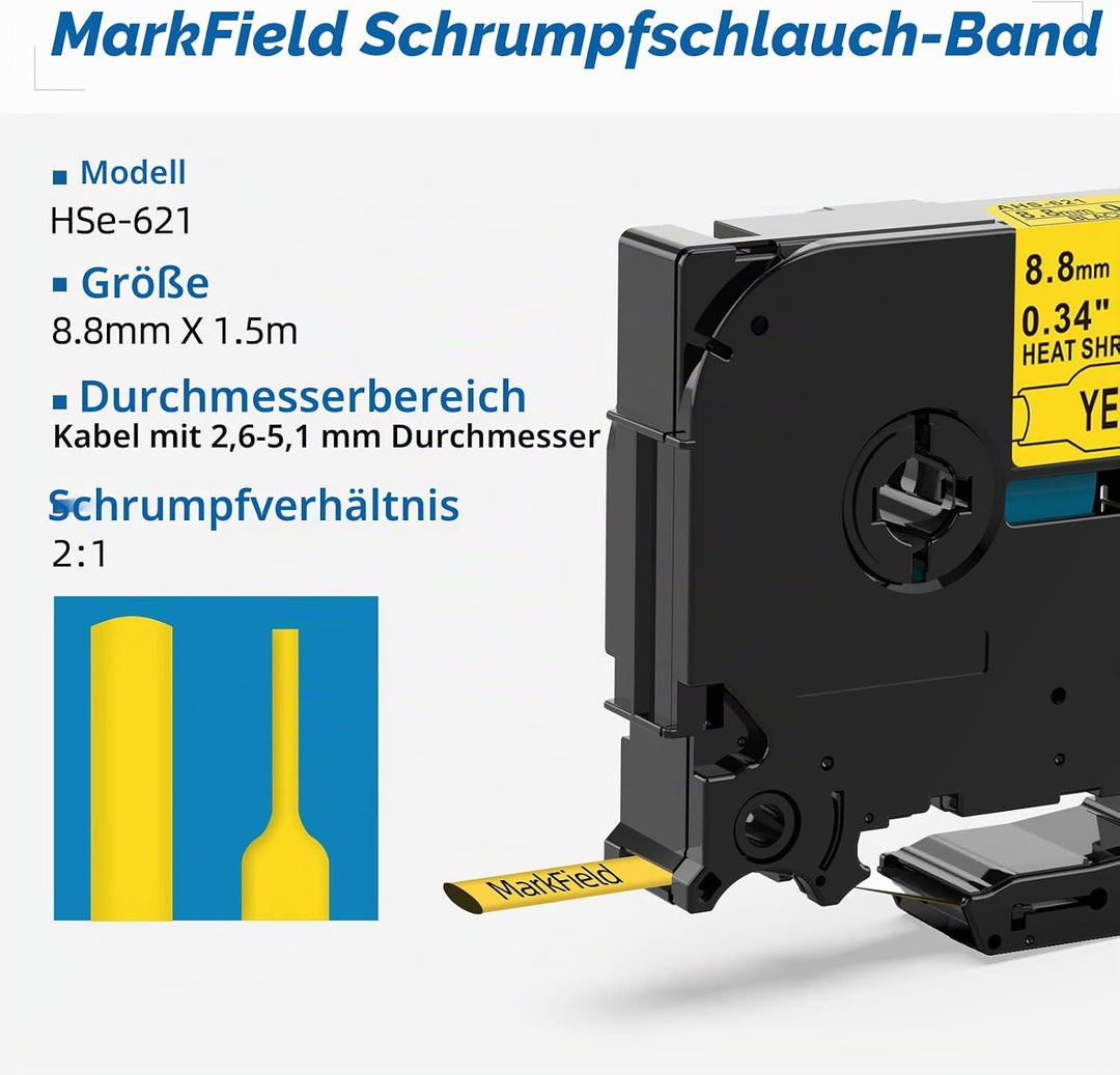 3x MarField HSe-621 8.8mm Schrumpfschlauch Schriftband Kompatibel mit Brother P-touch HS HSe621 Heat
