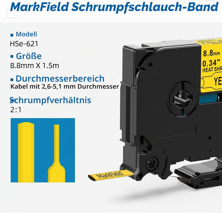 3x MarField HSe-621 8.8mm Schrumpfschlauch Schriftband Kompatibel mit Brother P-touch HS HSe621 Heat