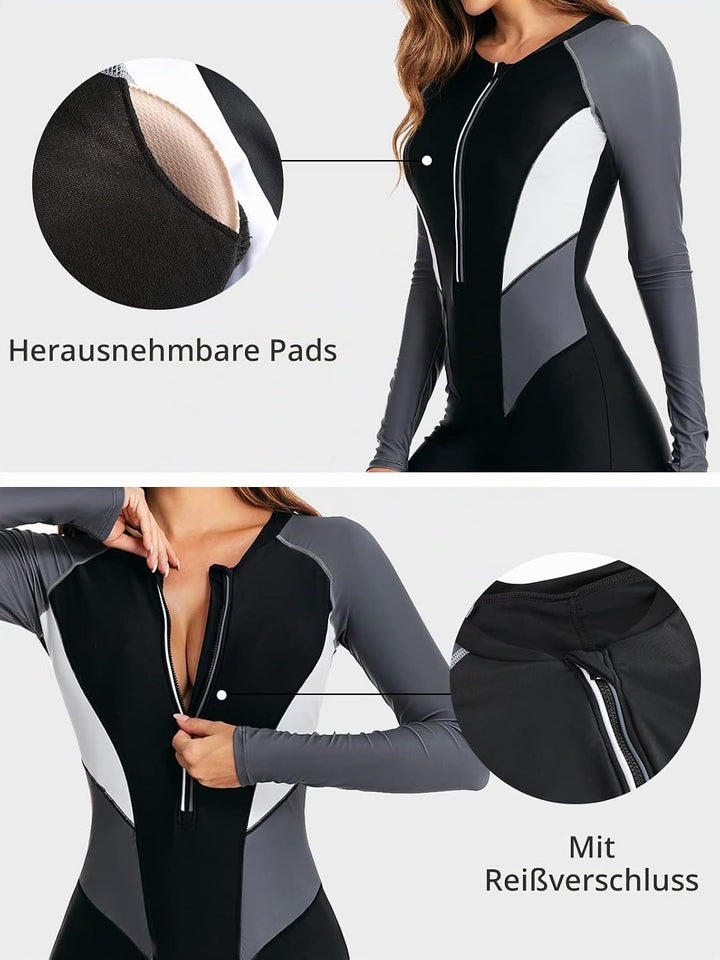Ecupper Damen Badeanzug Einteiler Rash Guard Zip Up Lange Ärmel Surfen Bademode Gebaut in BH Badeanz