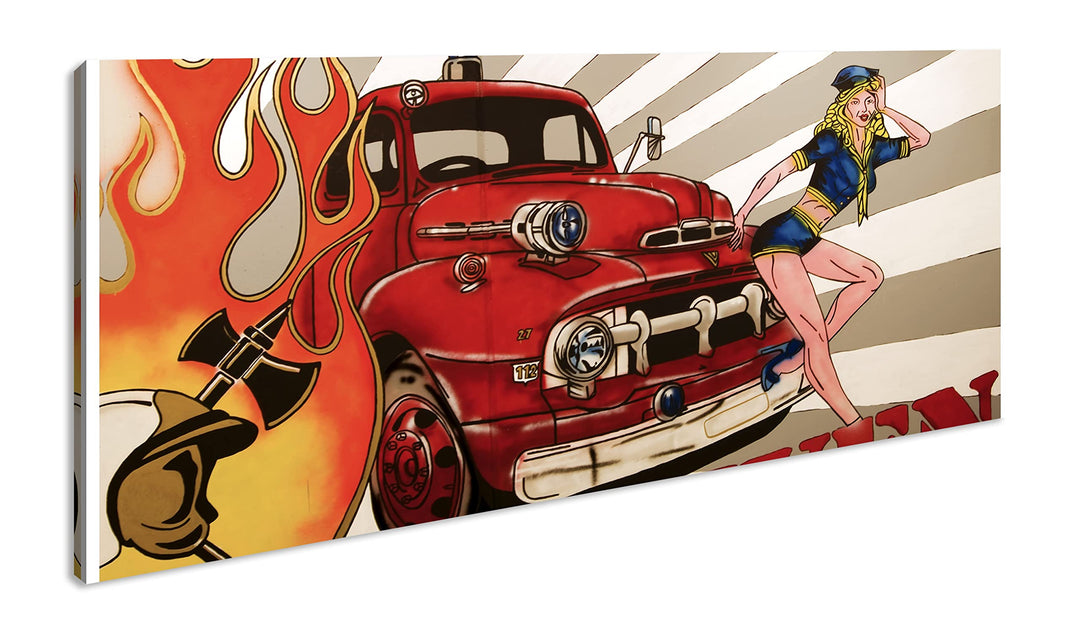 Feuerwehr Illustration Panorama 120x60 cm als Leinwandbild, Motiv fertig gerahmt auf Echtholzrahmen,