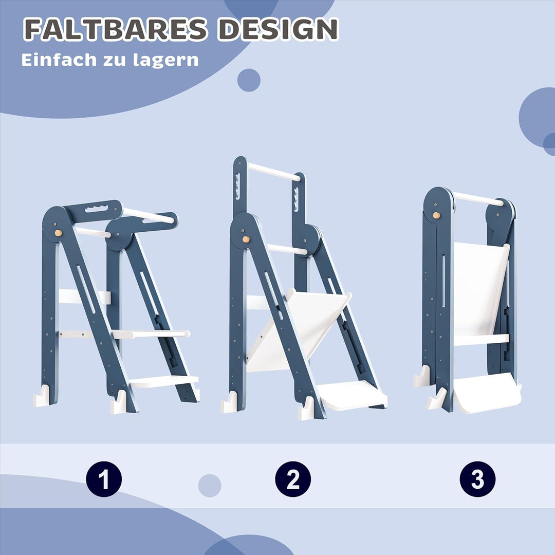 Klappbarer Toddler Tower Tritthocker, Höhenverstellbarer Kinderhocker mit Sicherheitsleiste & Rutsch