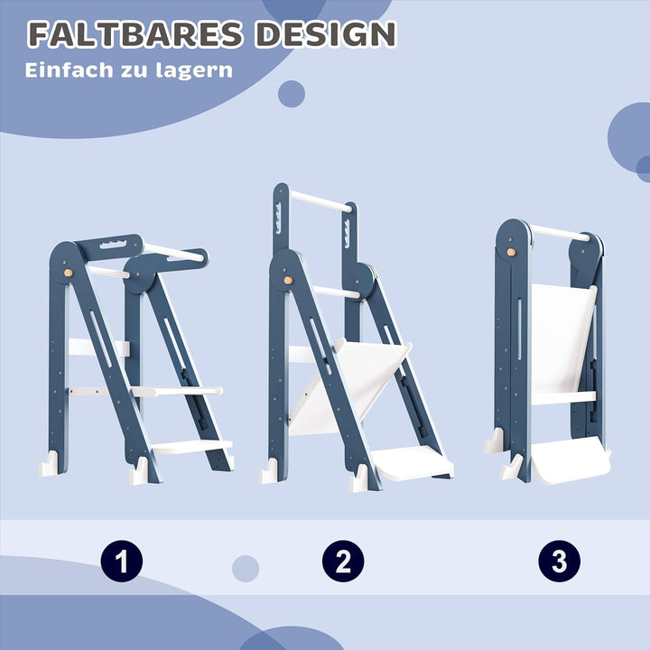 Klappbarer Toddler Tower Tritthocker, Höhenverstellbarer Kinderhocker mit Sicherheitsleiste & Rutsch