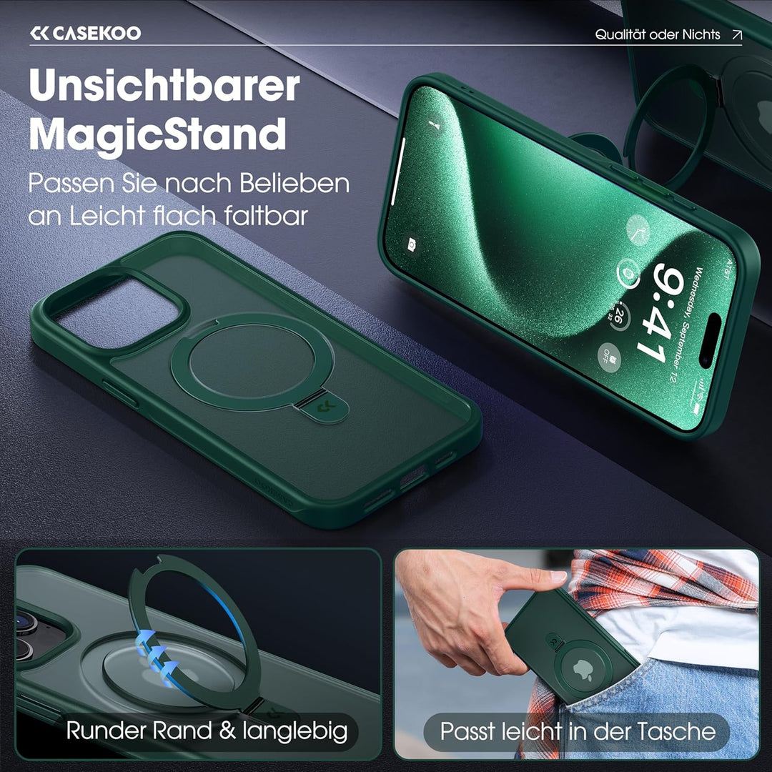 CASEKOO 2025 Neu Magic Stand für iPhone 15 Pro Hülle für MagSafe [Militärschutz] [Unsichtbarer Ständ