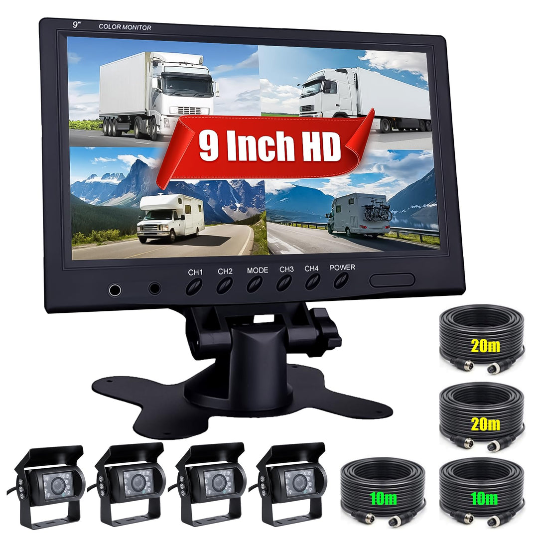 CAMECHO Rückfahrkamera 4 Kameras Set, 9 Zoll Monitor 4 Geteilte Rück und Vorder Kamera, Weitwinkel,
