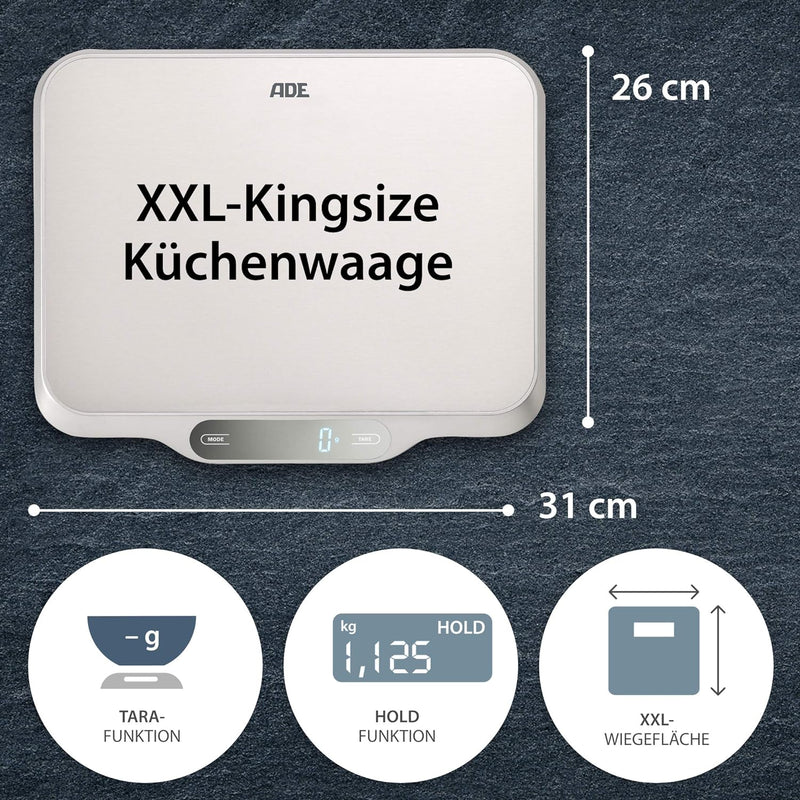 ADE Extra grosse Küchenwaage digital bis 15 kg | Wiegefläche 26x31 cm | Paketwaage