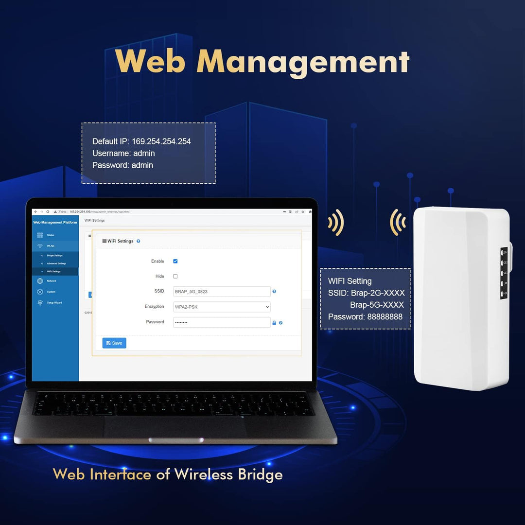 Drahtlose Brücke für den Aussenbereich, Punkt-zu-Punkt-WLAN-Brücke mit Ethernet-Anschluss, 2,4 GHz 5