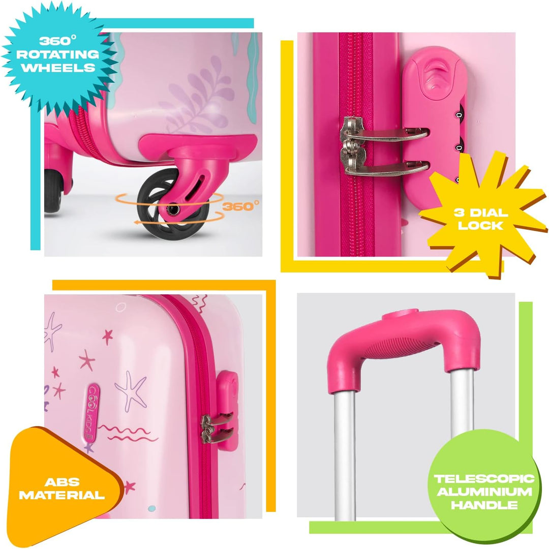 Meerjungrau Koffer Pink für Kleine Mädchen - Kinder Trolley Handgepäck 4 Rollen - Rosa Hartschalen C