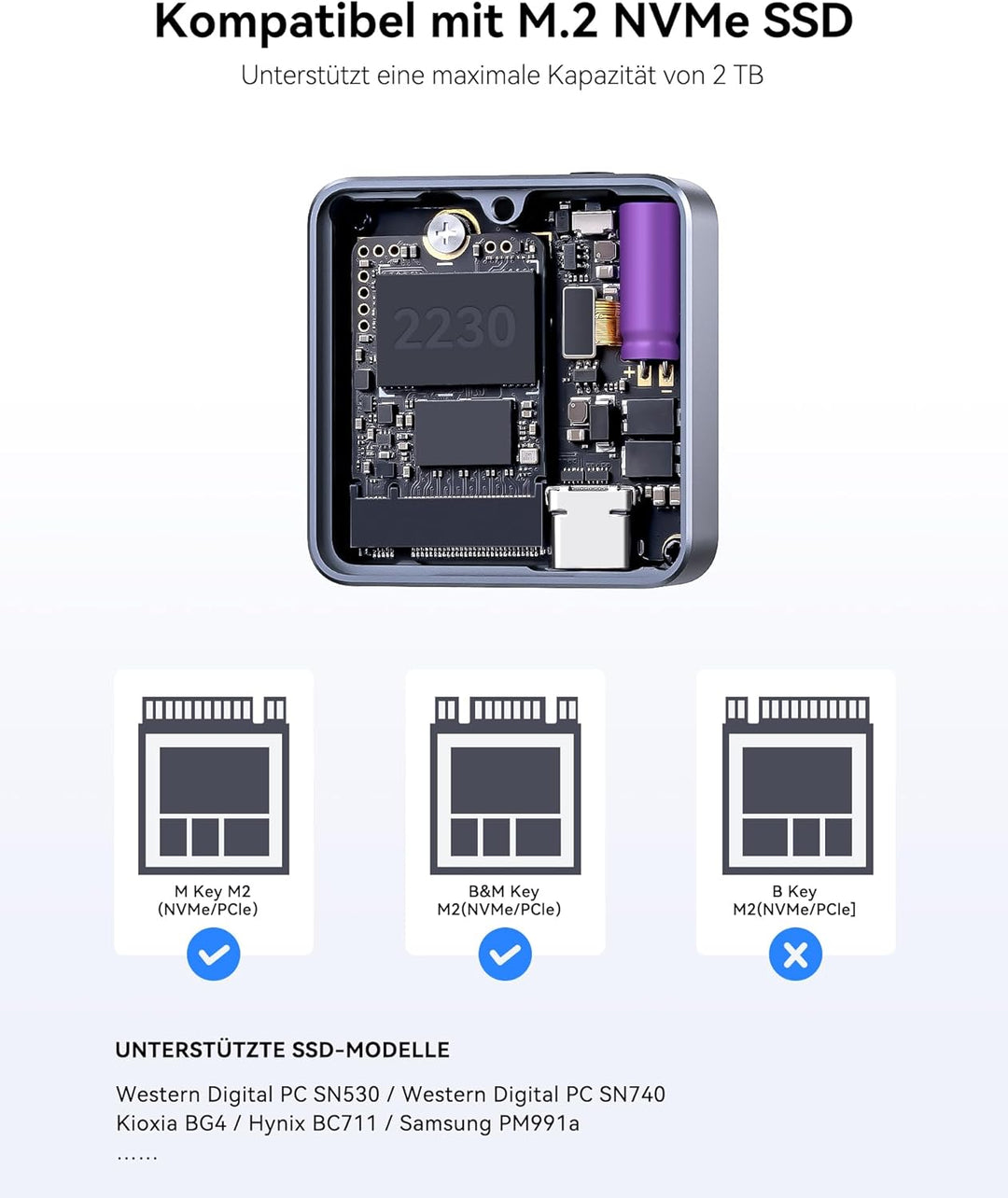 DOCKCASE Smart Pocket SSD Gehäuse - 3S Power Loss Protection, NVMe M.2 Gehäuse Echtzeit-SSD-Gesundhe