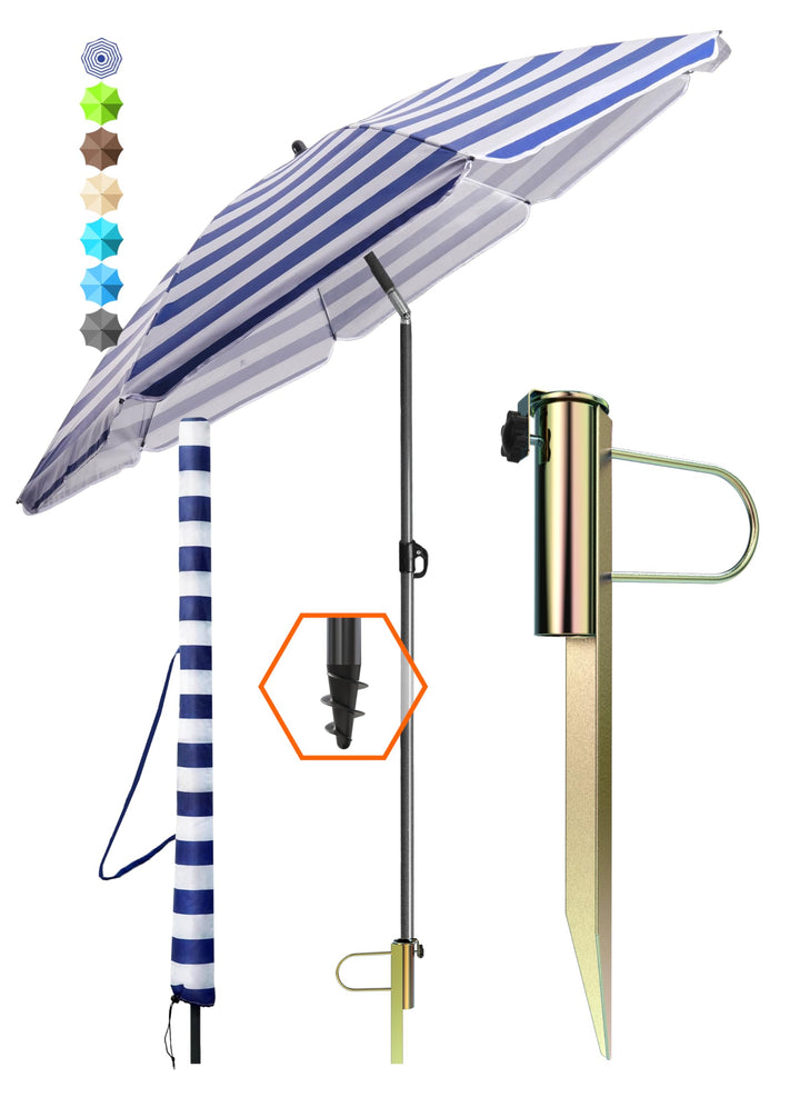 4smile Sonnenschirm Strand Ø 180 cm mit Rasendorn, 3-IN-1-SET, Blau-Weiss | Strandschirm windfest st