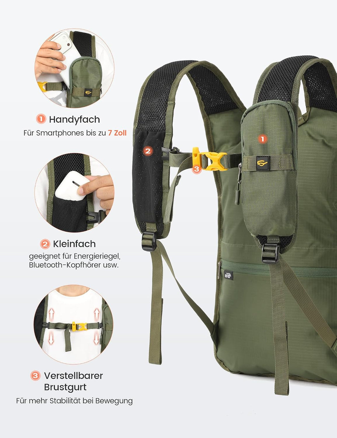 SKYSPER Faltbarer Rucksack 18L, Wanderrucksack Klein mit Brustgurt Grün, Grün