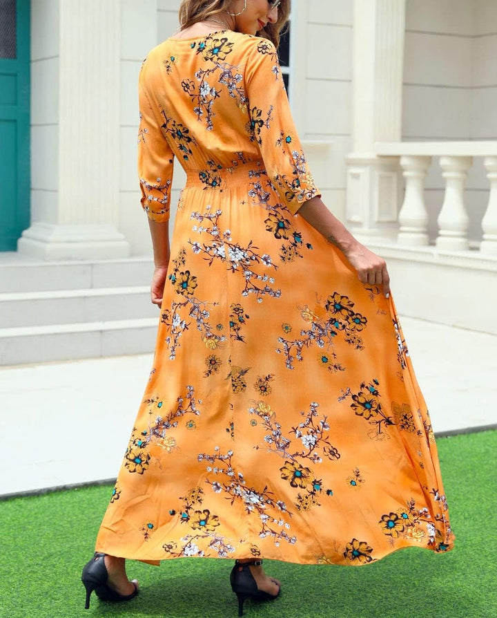VOGMATE Damen Lange Split Knopf Up Sommer Maxikleid Floral Strandwear Holidy Kleid Hohe Taille mit k