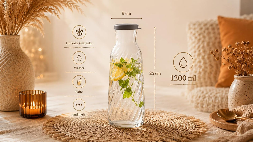 Geriffelte Glas-Karaffe Fonte 1,2L mit Silikondeckel – elegante Trinkkaraffe &amp; stilvoller Vase – ide