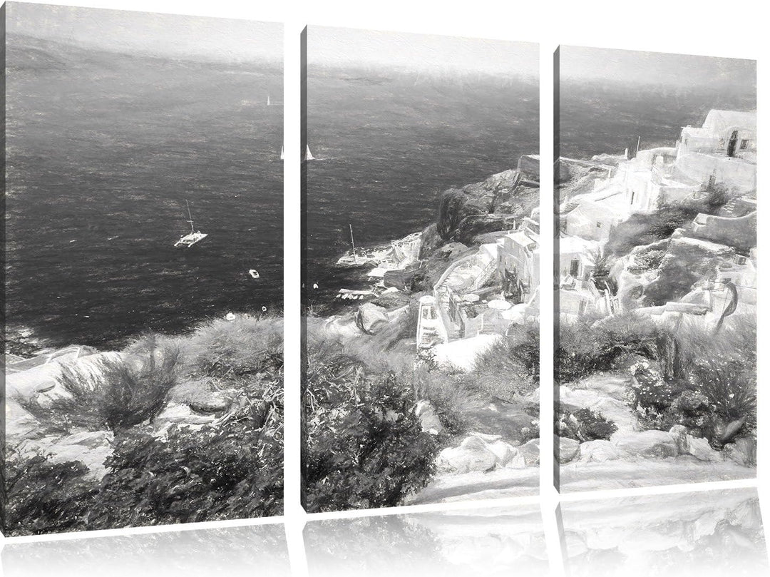 Pixxprint Griechische Küste Kohle Zeichnung Effekt 3-Teiler Leinwandbild 120x80 Bild auf Leinwand