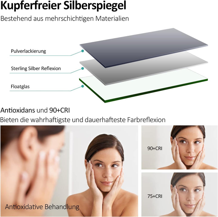 EMKE Badspiegel mit Beleuchtung 80x60cm Badezimmerspiegel mit Beschlagfrei, 2 Lichtfarbe, Kippschalt