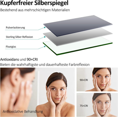 EMKE LED Badspiegel 100x60cm Badspiegel mit Beleuchtung 3 Lichtfarbe 3000-6500K kaltweiss Neutral Wa