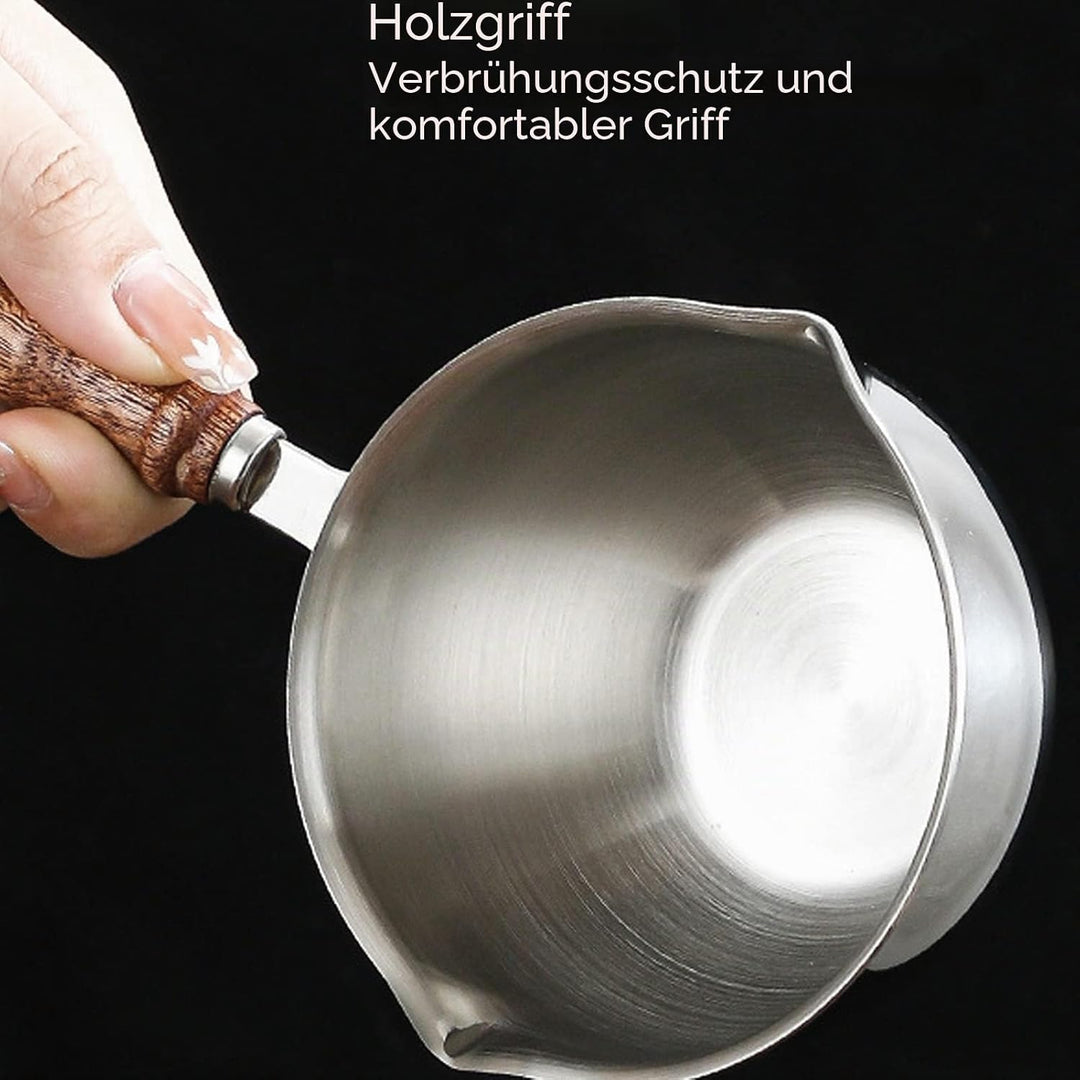 Butterwärmer mit Doppelauslauf, Mini-Butterschmelztopf aus Edelstahl mit Holzgriff, Multifunktions-M