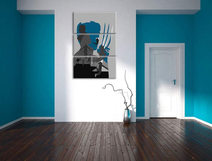 Wolverine mit ausgefahrenen Klingen schwarz/weiss 3-Teiler Leinwandbild 120x80 Bild auf Leinwand, XX