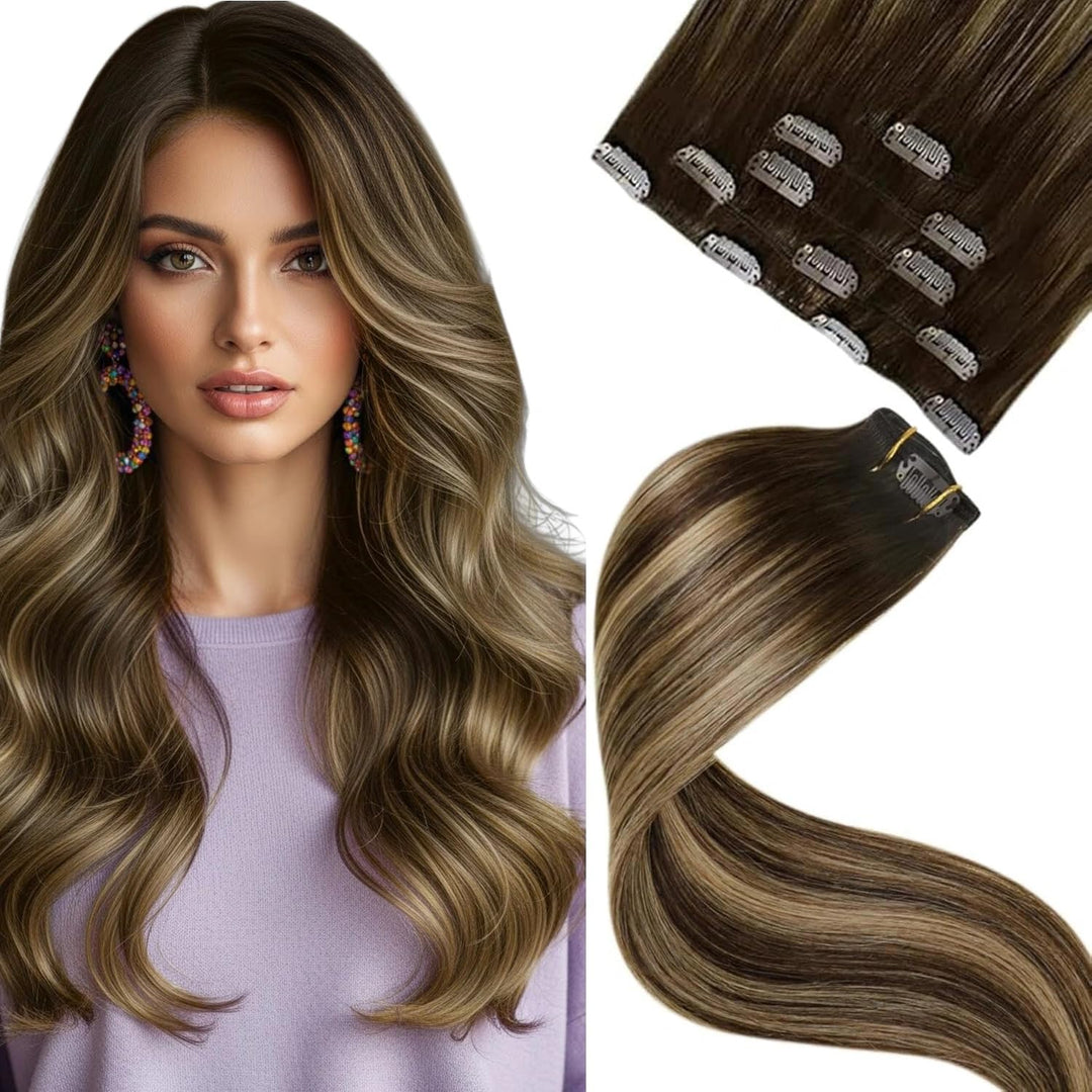 LaaVoo Clip in Extensions Echthaar Remy Balayage Haarverlängerung Echthaar Clip 22 55cm Doppelt Tres