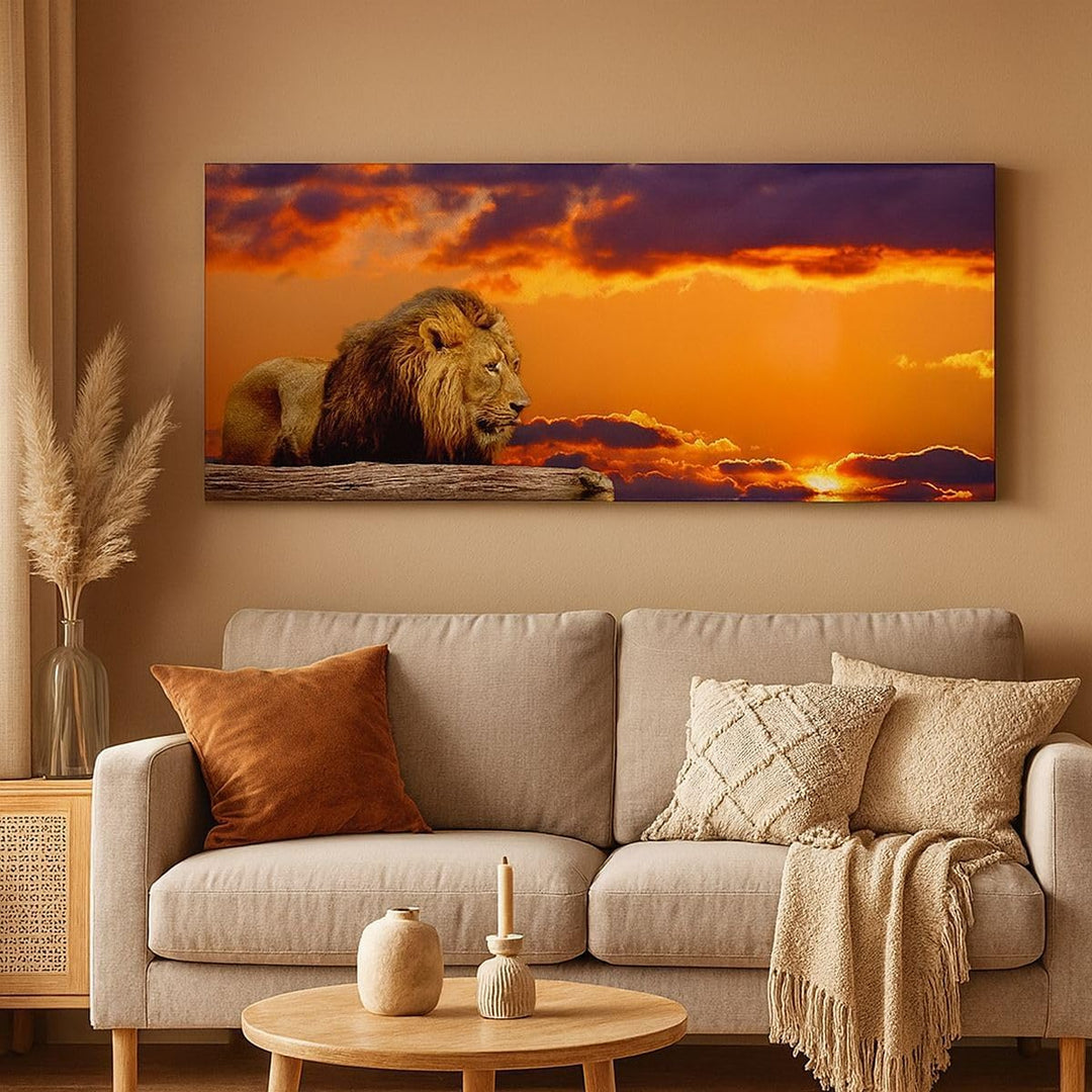 Wandbilder Dekoration Wohnzimmer Löwe Sonne Landschaft Panorama Bilder auf Leinwand 120x50cm Leinwan