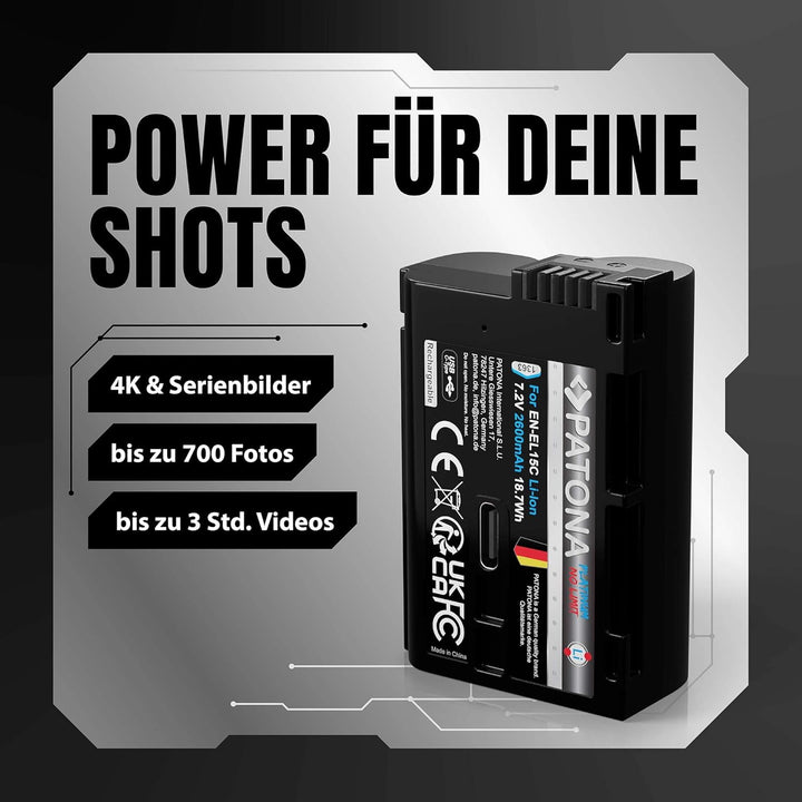 PATONA Platinum EN-EL15c USB Kamera Akku (2600 mAh) mit direkt USB Eingang (USB-c) 1363 - Kompatibel