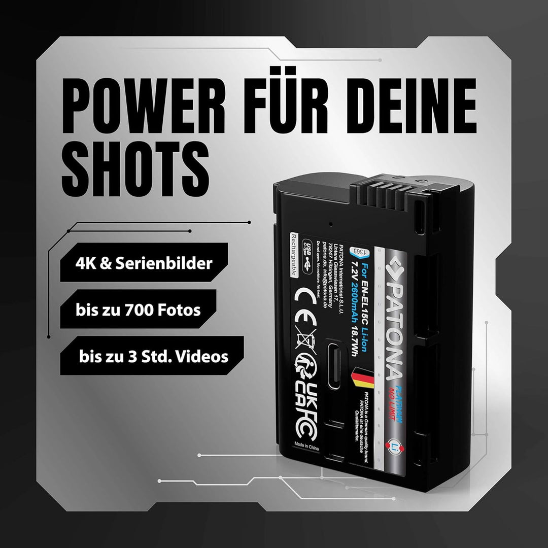 PATONA 2X Platinum EN-EL15C Akku 2600mAh USB-C kompatibel mit Nikon 1 V1 D7000 D7100 D7200 D7500 D50