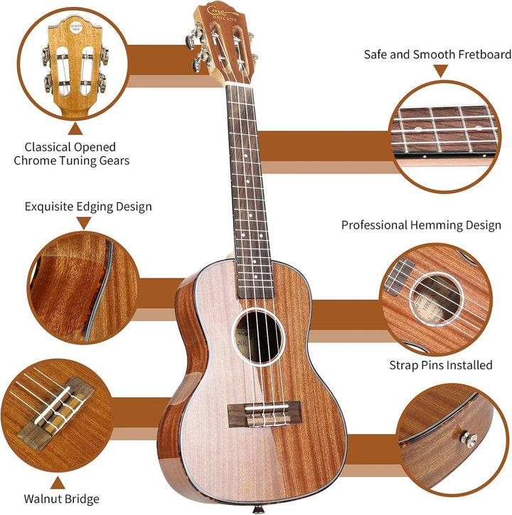 Konzert-Ukulele 23 Zoll Hochglanz Sapele Hawaii Ukulelen für Erwachsene Anfänger mit Gigbag Saiten 2