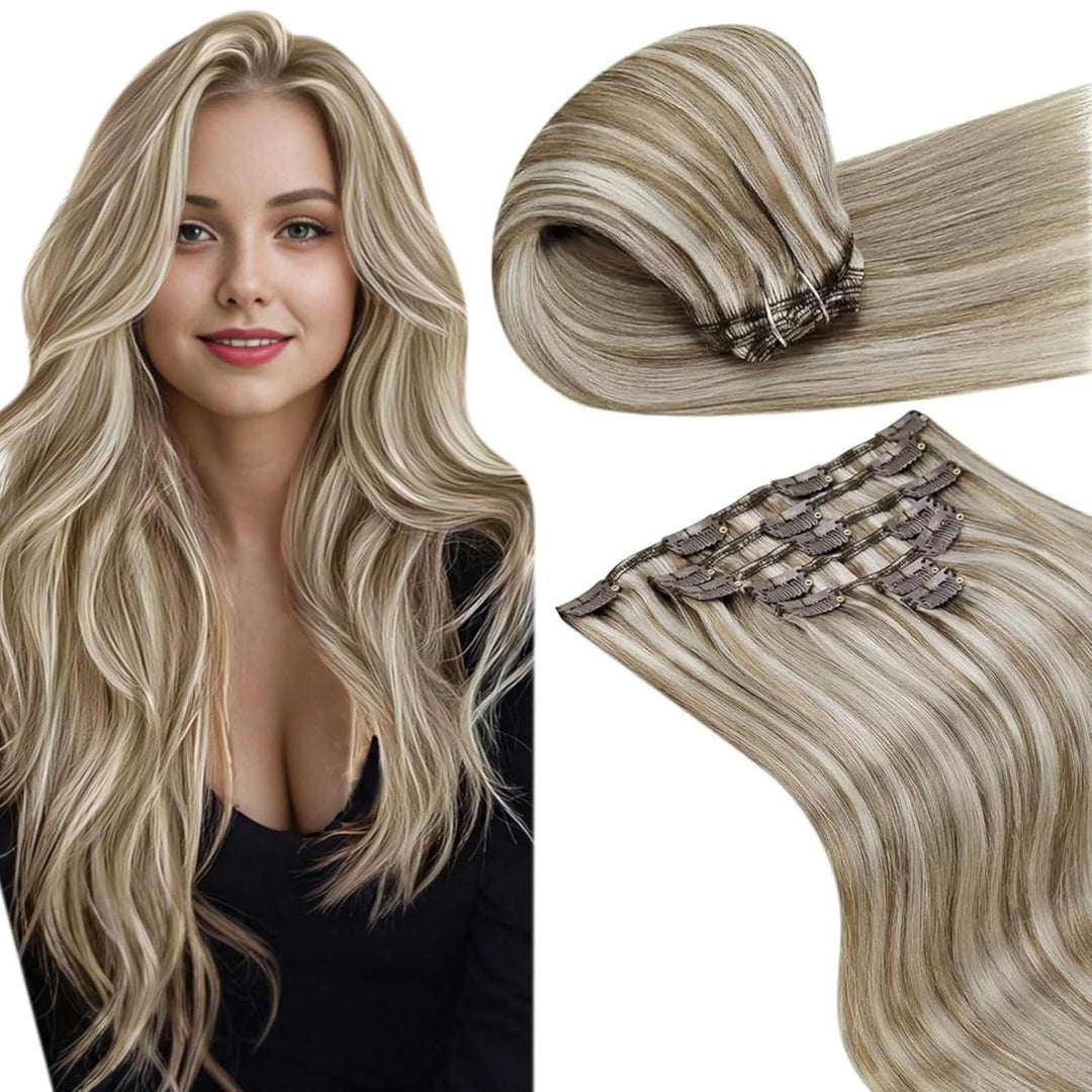 LaaVoo Clip in Extensions Braun Haarverlängerung Echthaar Clip Hellbraun mit Platinblond 45cm Extens