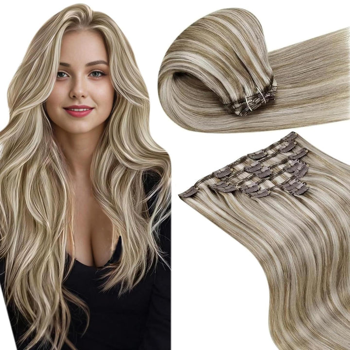 LaaVoo Clip in Extensions Braun Haarverlängerung Echthaar Clip Hellbraun mit Platinblond 45cm Extens