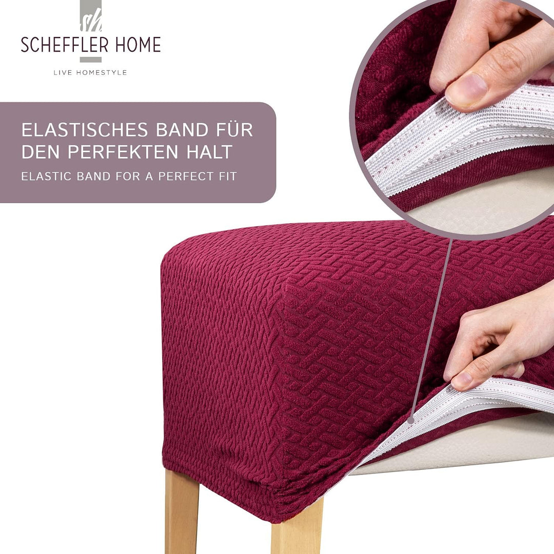 SCHEFFLER-Home Stuhlhussen Stretch Luna-Lang/Stuhlüberzug 4er Set Rot/elastische Flanell Stuhlabdeck