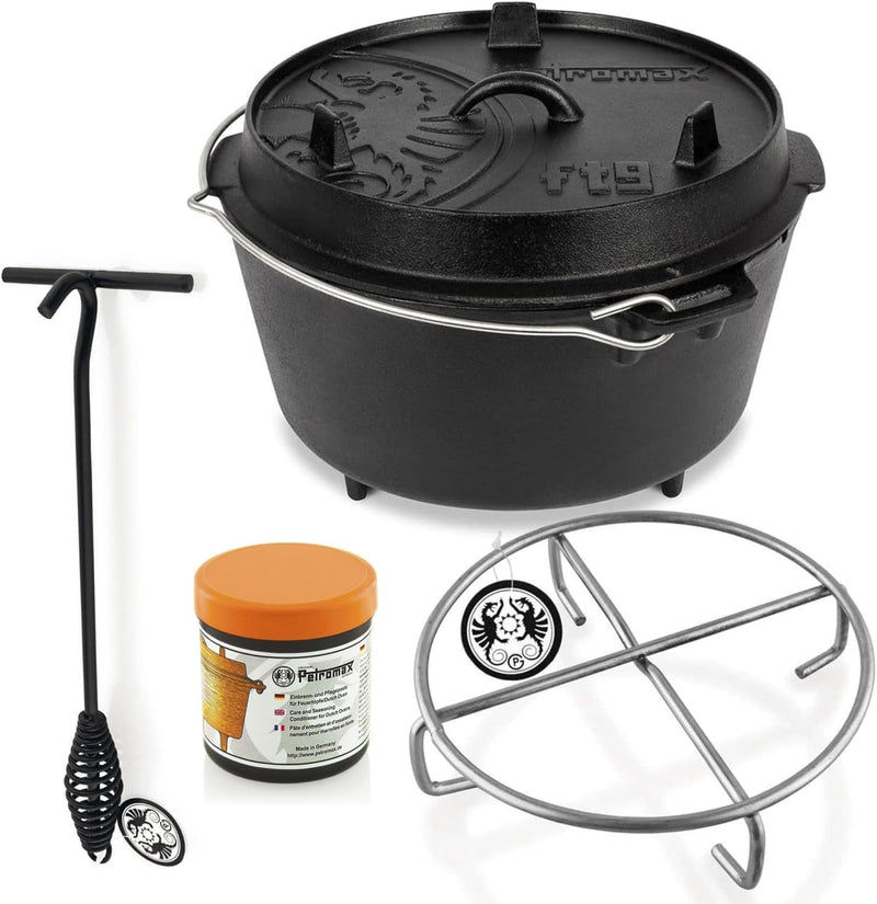 Petromax Feuertopf ft9-t Einsteiger-Set - Dutch Oven mit planem Boden inklusive Deckelheber, Pflegep