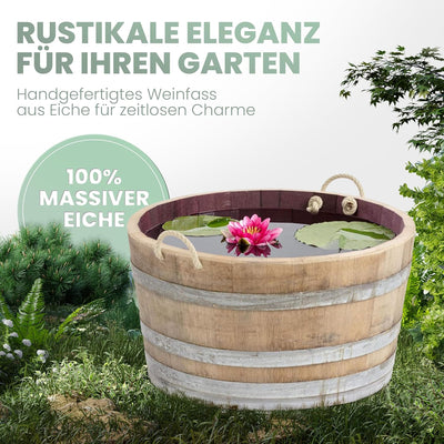 Temesso Holzfass, Kräuterbeet, Pflanzkübel Weinfass Fass halbiert mit Trageschlaufen (echtes Weinfas