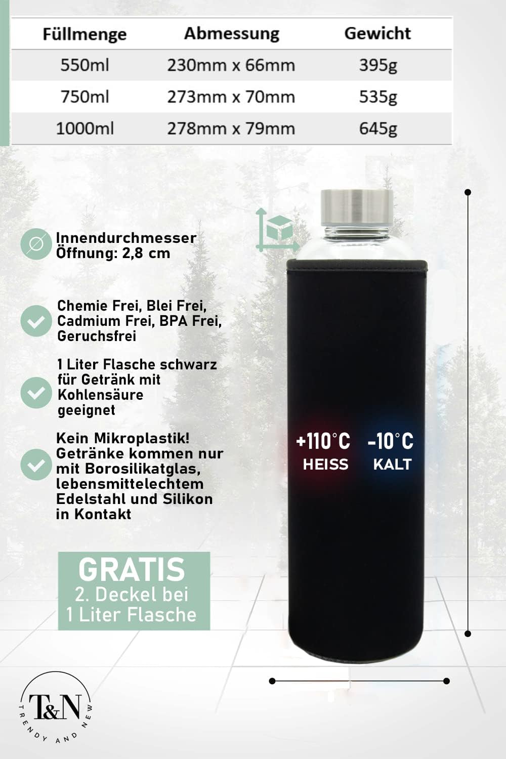T&N Glasflasche 1 Liter / 750ml / 500ml – Trinkflasche Glas 1l mit Neoprenhülle – Wasserflasche Ausl