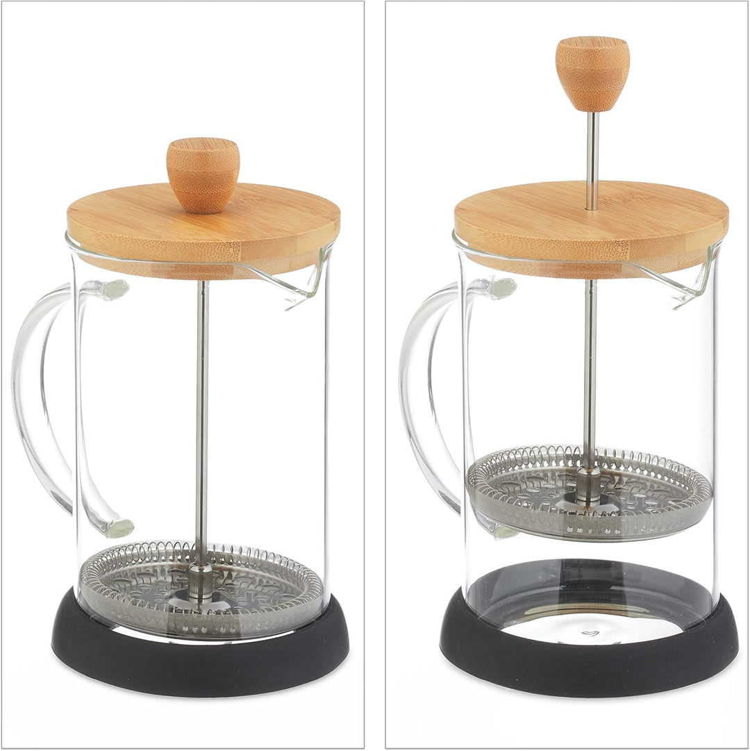 Relaxdays Kaffeebereiter manuelle Stempelkanne, 800 ml, Glas | transparent/natur, Bambusdeckel, Sieb