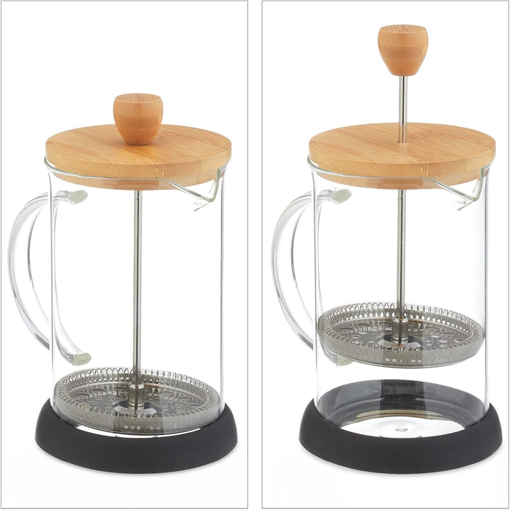 Relaxdays Kaffeebereiter manuelle Stempelkanne, 800 ml, Glas | transparent/natur, Bambusdeckel, Sieb