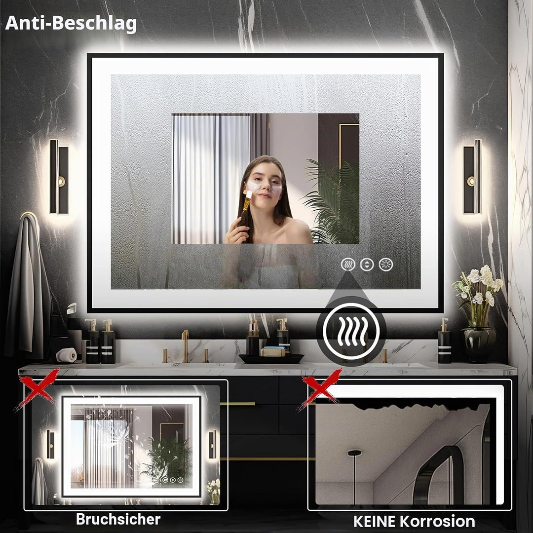 EchosLife 100x90cm Badspiegel mit Beleuchtung, Hartglas Badspiegel LED Antibeschlag, Schwarzer Alumi