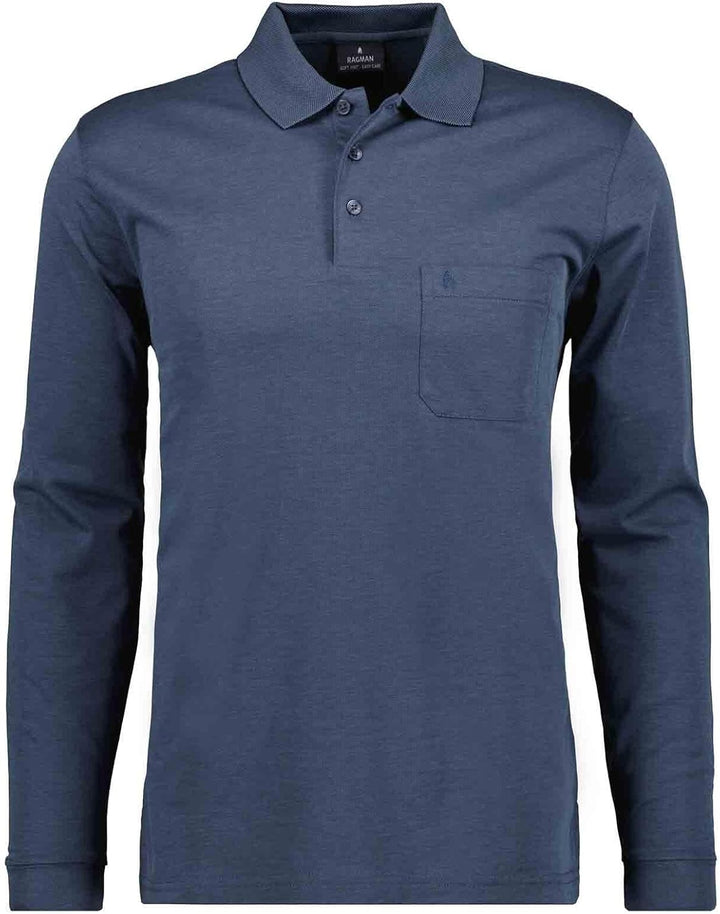 RAGMAN Herren Softknit-Polo mit Brusttasche, Langarm S Azur, S Azur