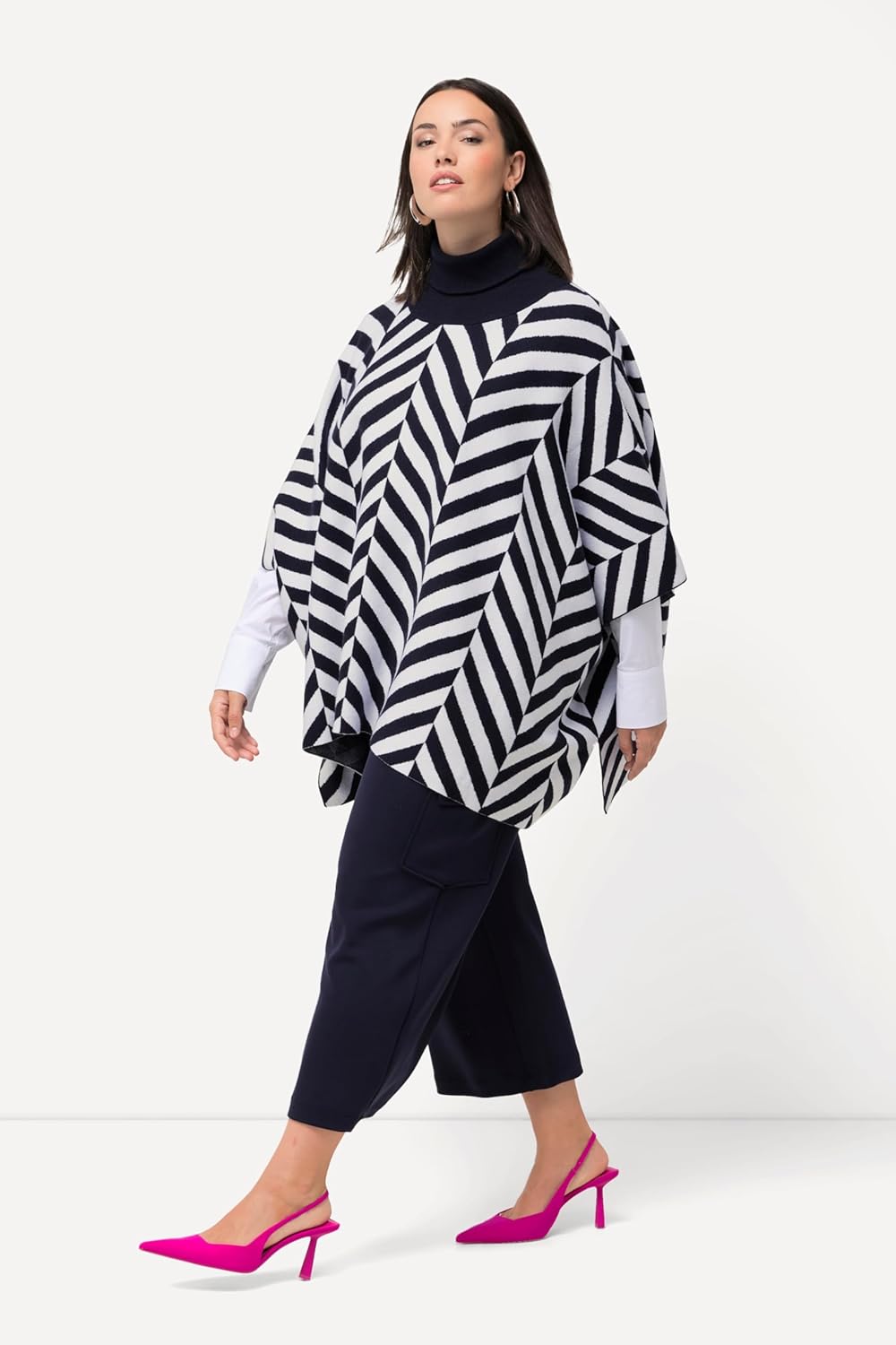 Ulla Popken Damen Strickcape mit Rollkragen, Jacquard Pullover, 42-48