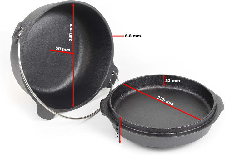 Dutch Oven 4l mit Untersetzer und Deckelheber, Kochtopf aus Gusseisen für Lagerfeuer und Camping