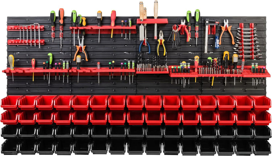 Lagersystem Werkstattregal | 156 x 78 cm | 60 stck. Box | Wandregal mit Werkzeughalterungen und Stap